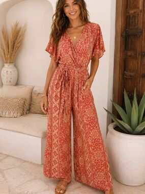 White Waves Boho Paisley Wrap Jumpsuit Open Back Tassel Tie Wide Leg, L/XL NWT